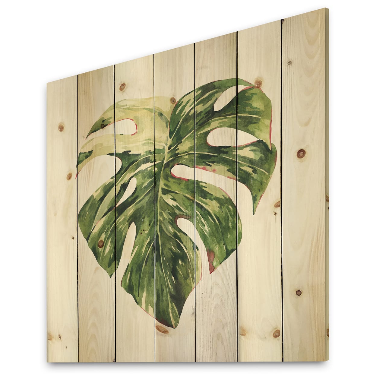 Designart - Tropical Green Leaves In Summer Times III - Tropical Print on Natural Pine Wood